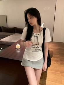 女式字母扎染印花修身露肩短袖休闲上衣T恤 - 白色 - 查看 5