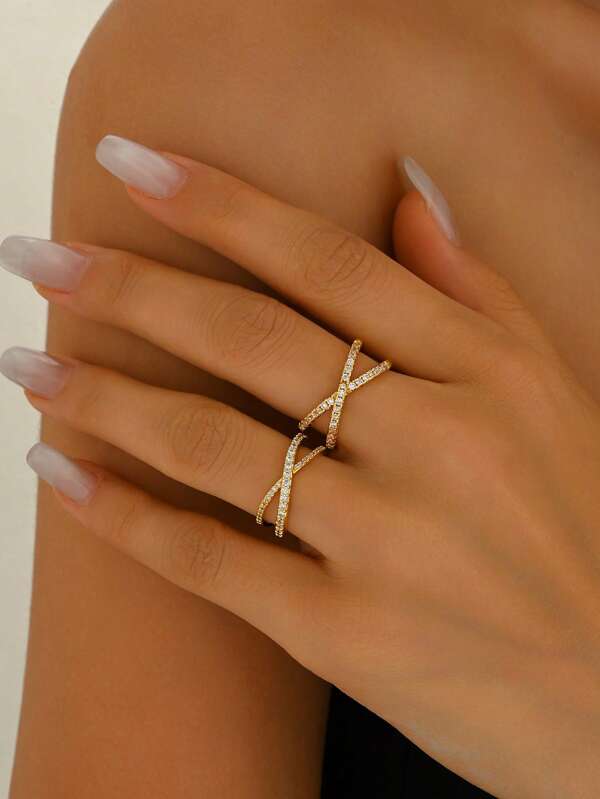 1pc Cross-Border Personalized Gold Plated Copper Cubic Zirconia Ring, Fashionable Open Ring For Women, Holiday Gift