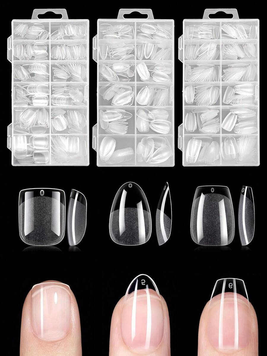 240 片/盒超短方形/棺材色/杏仁色半哑光亚克力预填软凝胶指甲贴 - 轻松按压即可完全覆盖指甲，12 种尺寸，适合初学者，美甲沙龙必备 - 無色 - 查看 1