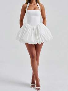 Women's Y2K Halter Corset Mini Dress Backless Corset Bubble Ruched Waist Club Party Dresses - trắng - Xem 7
