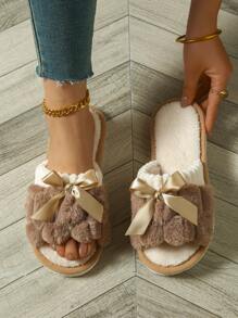 Women Rabbit Fur Bow Design Slip-On Slippers, Comfortable Open Toe Fluffy House Furry Shoes For Bedroom