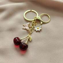 1pc High-Quality Fashionable Cute Cherry Keychain, Butterfly Flower Keyring Charm, Decorative Cherry Key Chain Car Accessories Bag Charm School Goth Y2k