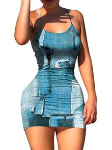 Nimsruc Women Bodycon Dress Summer Short Backless Spaghetti Strap Dresses - 6667 Denim Print - View 1