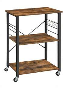 Kitchen Shelf On Wheels, Serving Trolley With 3 Shelves, Microwave Shelf, For Mini Oven, Toaster, With 6 Hooks, Industrial Style, Rustic Brown And Black