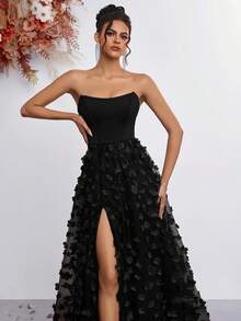 ADYCE Strapless High-Waisted Gauze Hem With Appliques Slit Lace-Up Floor-Length Party Dress For Prom Birthday Party Evening Date Homecoming Party Wedding Guest Formal Dinner Family Festival, New Year, Valentine's Day - Black - View 5