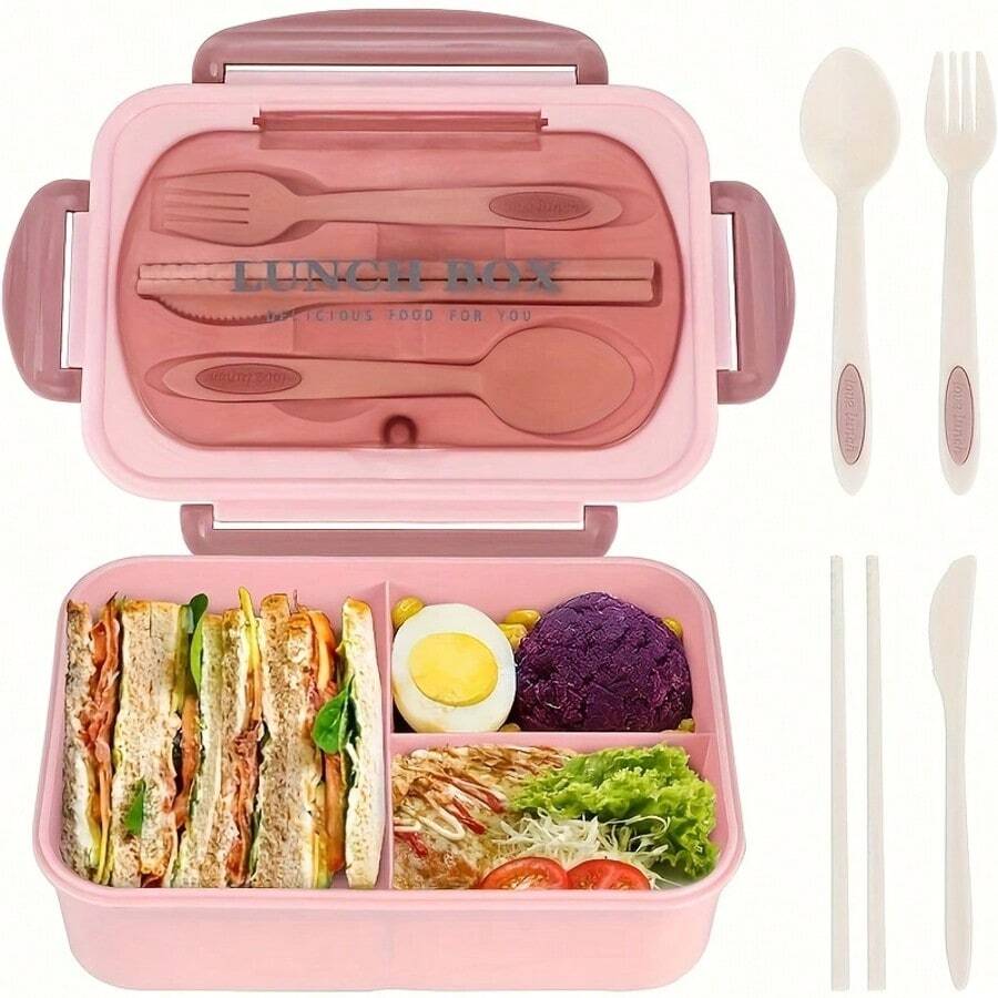 Lunch Box With Utensils, Leak-Proof, Square Shape - Safe To Use In Microwave, Perfect For Office Workers And Kitchen Storage - Hồng - Xem 1