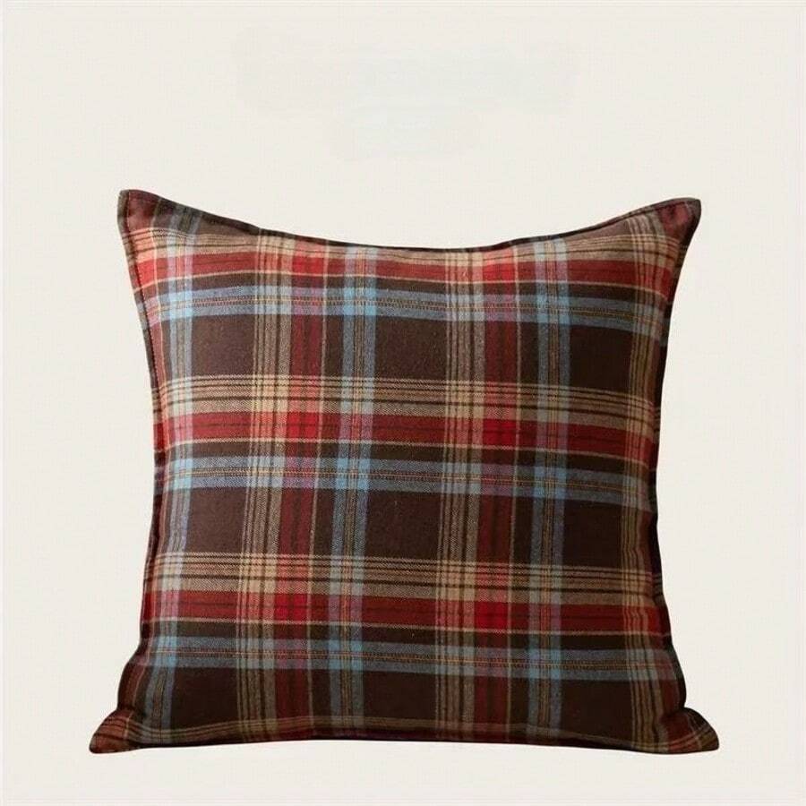 1pc Plaid Cushion Cover, Vintage Classic Decorative Pillow Sham, Scottish Style Throw Pillow Cover For Sofa, Zipper Removable Cover Only, No Insert - Harvest Red Grid - View 1