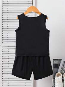 Set de 2 piezas de camiseta sin mangas y shorts estampados con diseño de araña, de estilo deportivo y casual, para niños pequeños, para verano