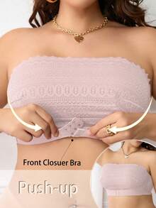 Plus Size Front Button Lace Wireless Comfortable Bra - Pink - View 1