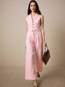 conjunto dama de camisa manga corta con cinturon y pantalones rectos  Liso    Elegante    Botón delantero  Bolsillo  Botón - Rosa - Ver 2