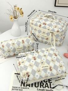 1 pezzo Borsa trucco casual carina a quadri beige, grande capacità, con cerniera, portatile, per il viaggio, per la conservazione di articoli di cancelleria, elementi essenziali per le vacanze, cosmetici, chiavi, cuscinetti, auricolari, telefoni cellulari, caricabatterie, rossetti, cosmetici, profumi, prodotti per la cura della pelle e della bellezza, per la conservazione in bagno a casa, adatta per mamme, donne, infermiere, studenti, ragazze, regali per le vacanze e il ritorno a scuola