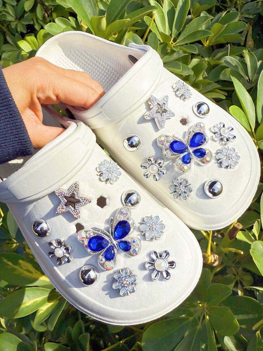 20pcs Silver Butterfly & Flower Shoe Decoration, Suitable For Clogs, Garden Shoes, Beach Shoes, DIY Detachable Accessories
