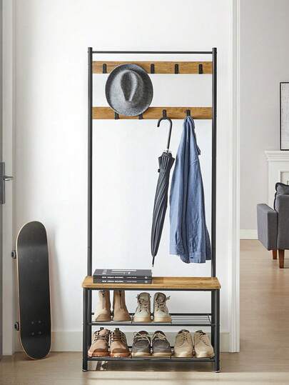 Coat Rack, Coat Stand With Shoe Storage Bench, Hall Tiree With Shoe Rack, 3-In-1 Design, Steel Frame, For Hallway, Entrance, 32 X 70 X 177 Cm, Modern, Walnut Brown And Black