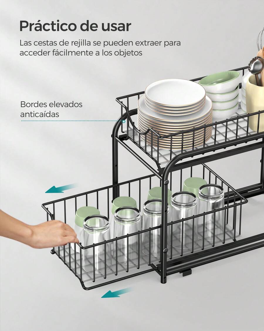 Juego de  1/2 Organizador de Cocina, Estantería de 2 Niveles Extraíbles para Armario, Organizador Apilable bajo el Fregadero con Cajones, para Cocina, Baño, Negro Clásico - Negro - Ver 1