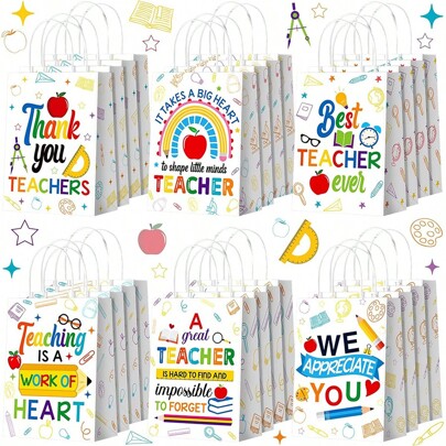 2pcs/6pcs/12pcs/24pcs Paper Thank You Teacher Gift Bags, Apple Pencil Ruler Design Party Favor Bags With Handles, Suitable For Teacher Appreciation Week Party Decorations, Birthday, Holiday Gifts For Teachers, Colleagues, Teams