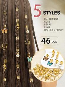 46 件玫瑰蝴蝶辫子夹水晶辫子发饰彩色蝴蝶吊坠饰珍珠闪亮发饰星形辫子珠夹袖口环发饰礼物 - 金色 - 查看 1