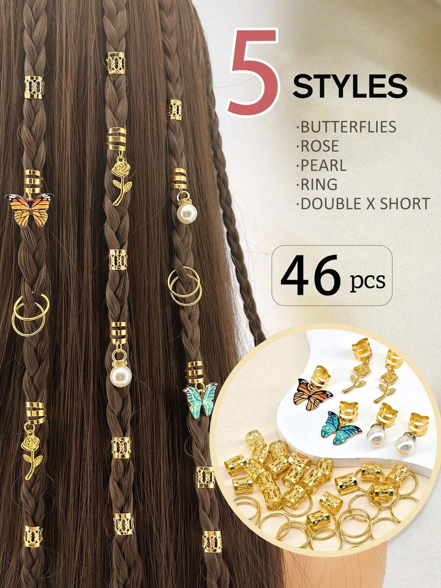 46 件玫瑰蝴蝶辫子夹水晶辫子发饰彩色蝴蝶吊坠饰珍珠闪亮发饰星形辫子珠夹袖口环发饰礼物 - 金色 - 查看 1