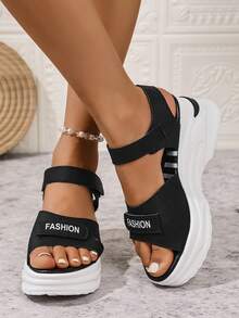 2025 Summer New Fashion Athletic Style Rhinestone Hook And Loop Open Toe Wedge Heel Sandals For Women - Black - View 4