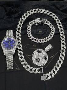 Luxury Alloy Men's Quartz Watch, With Rhinestone Rhinestone Crystal And Date, Paired With A Hip-Hop Pair It With A Football Pendant Full Of Rhinestones Cuban Necklace And Bracelet Set - Necklace Set - View 8