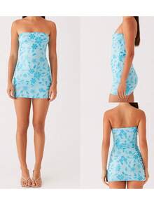 Women Sparkly Beaded Floral Tube Top Dress Slim Off Shoulder Sleeveless Open Back Sequin Mini Bodycon Dress - 藍色 - 查看 2