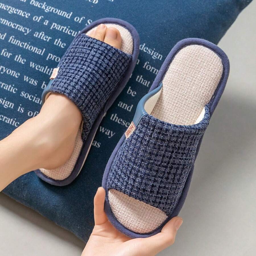 女士亚麻凉拖鞋室内拖鞋防滑露趾拖鞋，适合所有季节