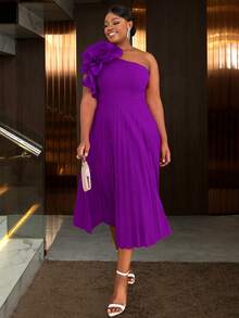 Plus Size Women's One Shoulder Ruched 3D Rose Graduation Ceremony Summer Dress, Christmas Party Outfit, Valentine's Day & Independence Day Attire