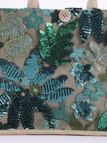 1 Túi Tote Vải Lanh & Lưới Lấp Lánh Nhiều Màu Sắc, Túi Xách Vuông Dung Tích Lớn Họa Tiết Hoa & Lá Thêu Thời Trang Cho Nữ, Túi Mua Sắm Du Lịch Biển Thường Ngày (Họa Tiết Hoa Giao Ngẫu Nhiên) - màu xanh lá - Xem 5