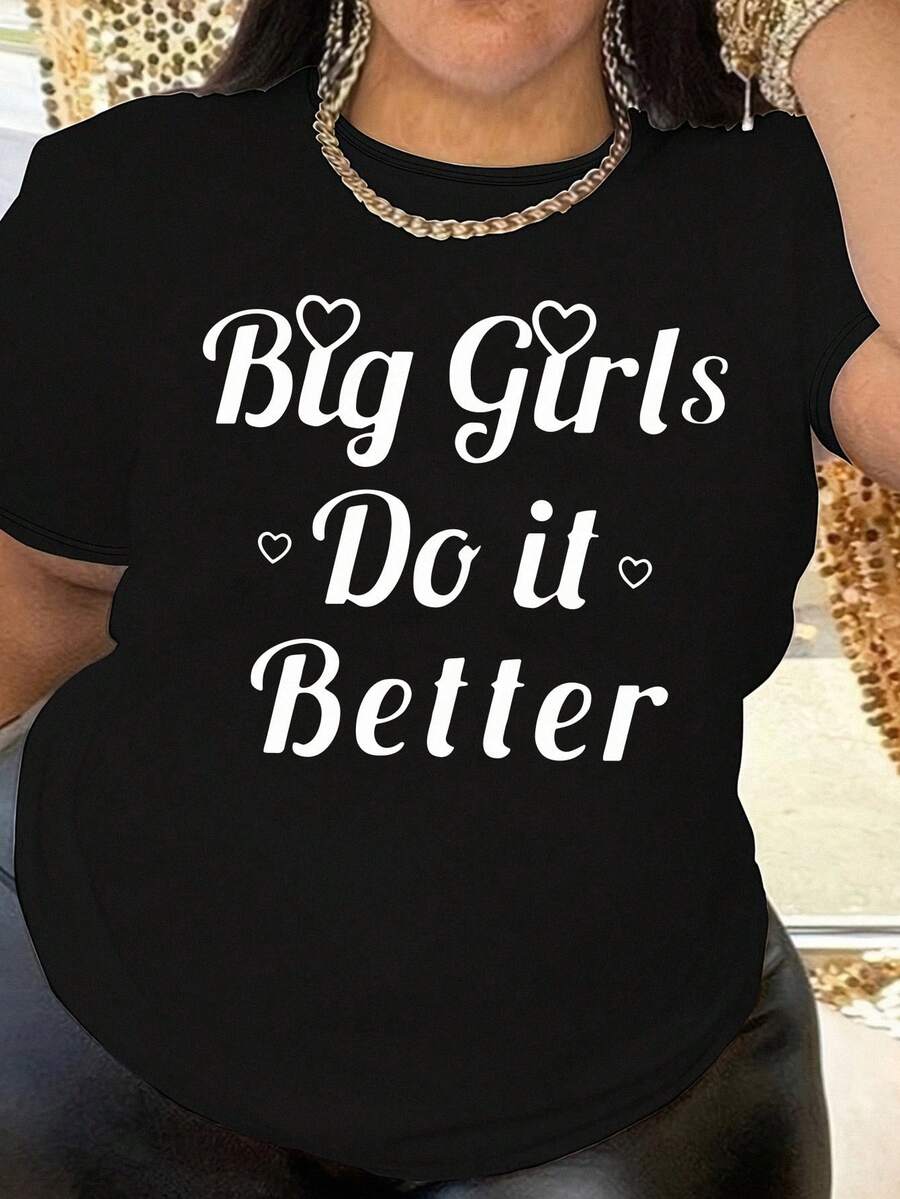 Large Letter Slogan Printed T-Shirt, Casual Round Neck Short Sleeved T-Shirt, Women's Plus Size Clothing Black Summer - Black - View 1