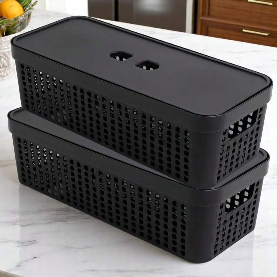 Organizer Box With Lid 3.6 Liters Kit Of 2 Stackable Boxes Practical Modern And Ideal For Home Office And Toy Storage - 黑色 - 查看 1