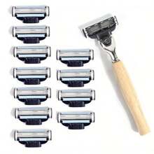 Barbeador Masculino de Lâmina de Aço Inoxidável de 3 Camadas com Cabo de Bambu, Lâminas de Barbear Manuais Substituíveis