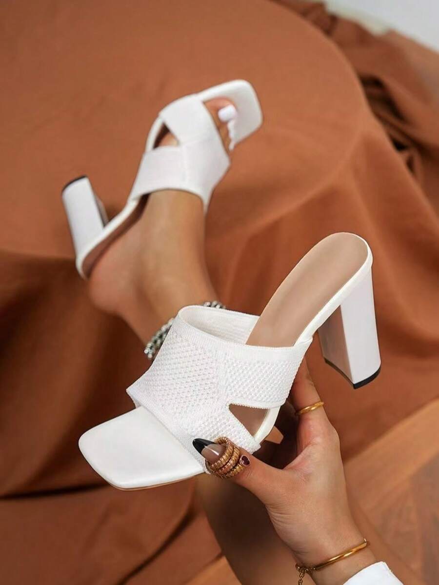 女士镂空面料粗跟凉鞋，婚礼、舞会、时尚必备，9厘米厚跟，搭配工作服、连衣裙、牛仔裤，提升精致感，女士必备 - 白色 - 查看 1