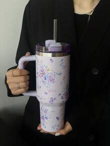 1pc Watercolor Floral Design 40oz-14oz Large Capacity Travel Mug With Handle, Stainless Steel Insulated Cup, Suitable For Car, Travel, School, Office, Outdoor, Gym, Home, Perfect Gift For Women, Teens, Holidays, Birthdays (With Straw)