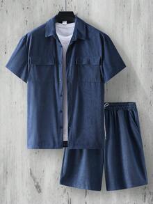 全新夏季男士纯色多口袋纽扣衬衫 + 抽绳短裤两件套，基本款休闲假日运动装，舒适装 - 藏蓝色 - 查看 3