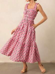 Women Summer Boho Tie Shoulder Dress Y2k Floral Smocked Flowy Long Dress Ruffle Tiered Beach Vocation Sundress - 粉色 - 查看 3