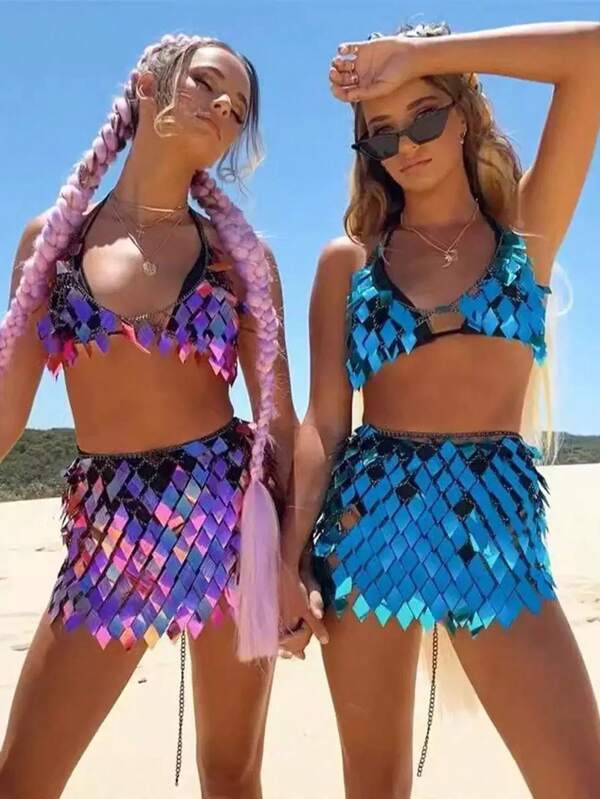 1 conjunto Novo Conjunto de Corrente de Sutiã e Corrente de Cintura com Lantejoulas em Forma de Diamante Brilhante para Mulheres, Conjunto de Corrente Corporal da Moda