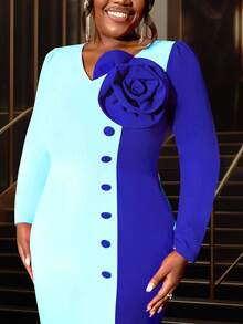 Plus V-Neck 3D Floral Decorated Fitted Long Sleeve Dress, Party Dress, Wedding Guest Cocktail Dress - Blue - View 8