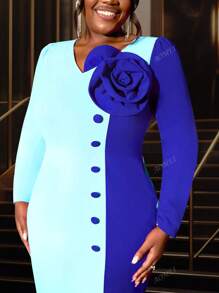 Plus V-Neck 3D Floral Decorated Fitted Long Sleeve Dress, Party Dress, Wedding Guest Cocktail Dress