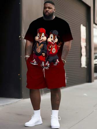 2 件加大码男士卡通松鼠印花短袖 T 恤和抽绳短裤套装，渐变色设计，圆领 T 恤搭配短裤，舒适装扮