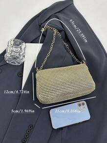 Bolsa de ombro com alça de corrente decorada com strass, bolsa clutch de noite com zíper, bolsa de axila de alta qualidade