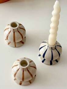 1pc Modern Minimalist Striped Ceramic Candle Holder - Stylish Tabletop Decor Perfect For Festive Table Setting Home Desktop Decor