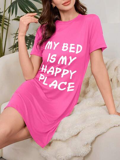 Camisón - Pijama con estampado de eslogan - Pijama de manga corta y cuello redondo informal/ropa de estar en casa - Camisón cómodo y de moda para mujer, ropa de dormir elegante, sueños dulces y cómodos