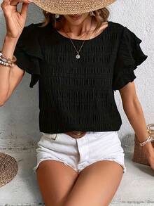 Women's Casual Ruffle Fabric Puff Sleeve Shirt Top - Black - View 1