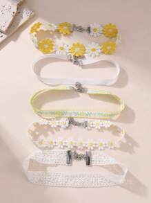 Set de 5 collares gargantilla con flores y encaje de colores, accesorios de uso diario para niñas