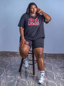 CurvyTilda Tildaharris Plus Size Women's Round Neck Digital Printed T-Shirt And Shorts Set, For Hourglass Body Shape - Multicolor - View 1