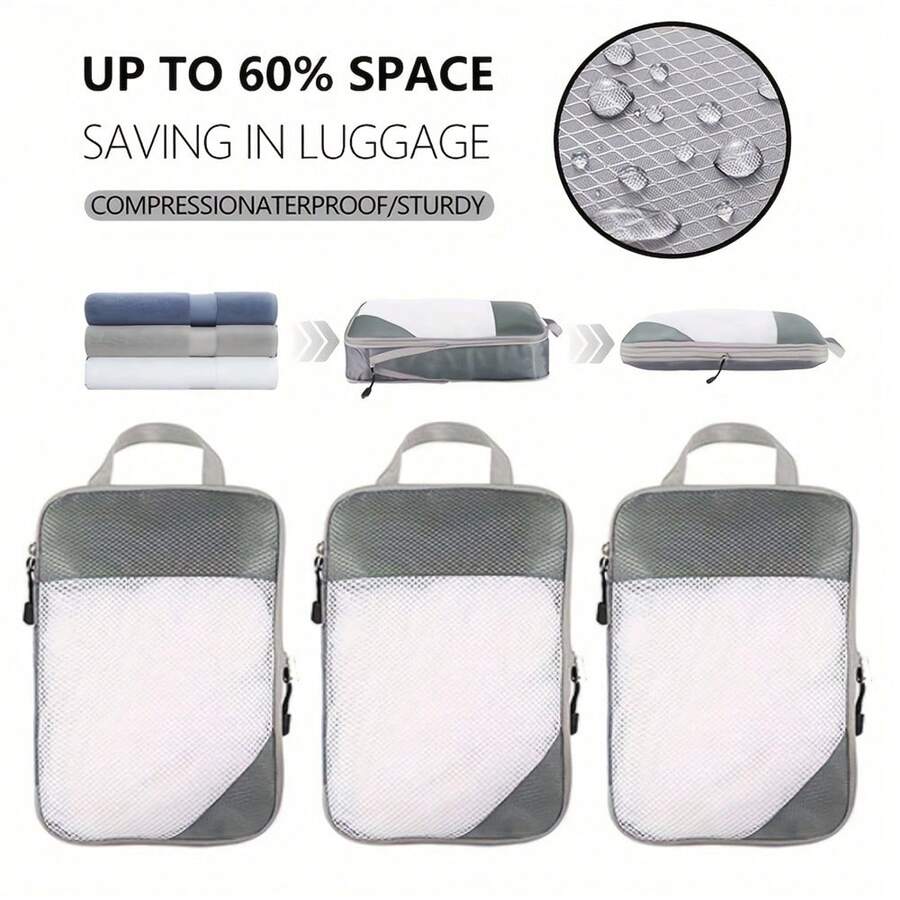 1pc XL Travel Compression Bag, Waterproof Nylon Diamond Mesh Double-Layered Clothes Storage Bag - Grey - View 1