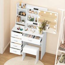Vanity Desk With Mirror And Lights & Chair, 6 Drawers 6 Shelves Cheap Makeup Vanity For Girls Adults Bedroom, 3 Modes Light Adjustable & Mirror Dressing Table, White - trắng - Xem 4