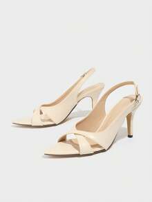 Women Fashion High Heel Sandals, Pointed Toe Glittering Cross Strap Embellished Elegant Mule Shoes, Suitable For Party, Summer, Outdoor Events - Apricot - View 6