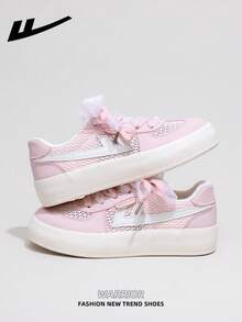 1 双 WARRIOR 女式厚底系带休闲运动鞋，软底户外平底鞋，低帮圆头防滑纯色优雅软底登山鞋适合学生毕业照皮革表面滑板鞋 - 粉紅/米 - 查看 1