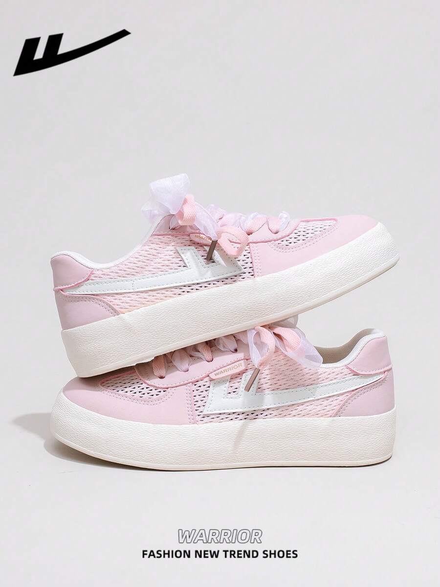 1 双 WARRIOR 女式厚底系带休闲运动鞋，软底户外平底鞋，低帮圆头防滑纯色优雅软底登山鞋适合学生毕业照皮革表面滑板鞋 - 粉紅/米 - 查看 1