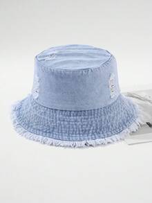 1pc Women's Ripped Fur-Edged Bucket Hat, Sun Hat, Personalized Street Travel Sun Protection Bucket Hat Suitable For Outdoor Travel And Daily Use - Hole Decoration - View 10